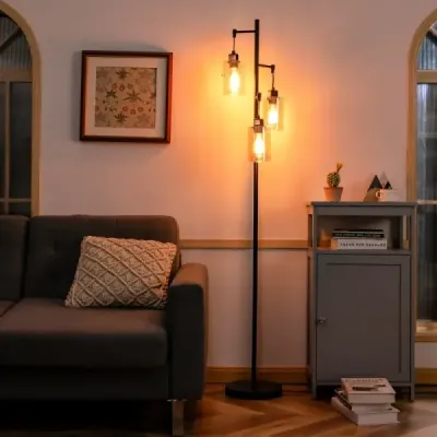 164cm stojací lampa se 3 závěsnými jantarovými skleněnými stínidly, nožním vypínačem a kovovou základnou Stojací lampa