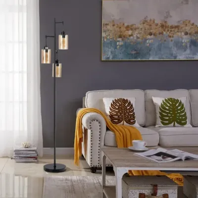 164cm stojací lampa se 3 závěsnými jantarovými skleněnými stínidly, nožním vypínačem a kovovou základnou Stojací lampa