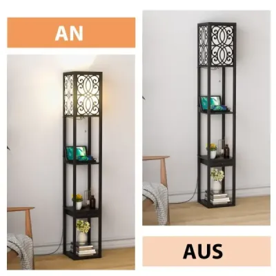 Stojací lampa s policemi a zásuvkou do obývacího pokoje ložnice 26 x 26 x 160,5 cm černá