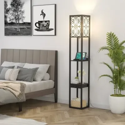 Stojací lampa s policemi a zásuvkou do obývacího pokoje ložnice 26 x 26 x 160,5 cm černá