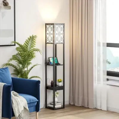 Stojací lampa s policemi a zásuvkou do obývacího pokoje ložnice 26 x 26 x 160,5 cm černá