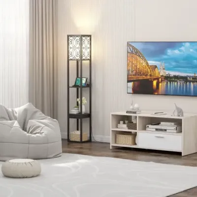 Stojací lampa s policemi a zásuvkou do obývacího pokoje ložnice 26 x 26 x 160,5 cm černá