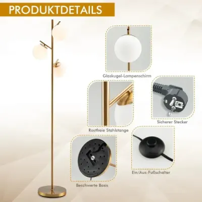 3-světelná stojací lampa s praktickým nožním spínačem a paticí žárovky E27 Lampa na čtení