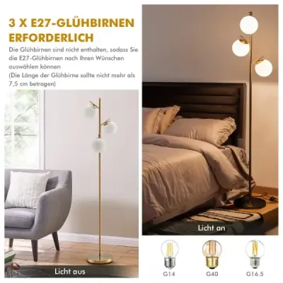 3-světelná stojací lampa s praktickým nožním spínačem a paticí žárovky E27 Lampa na čtení