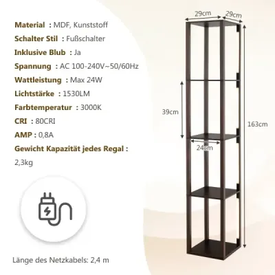 163 cm police na stojací lampu, moderní úložná police na stojací lampu s 3stupňově stmívatelnými LED světly, hnědá