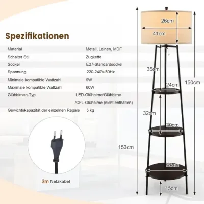 Stojací lampa s dřevěnými policemi Nosnost až 15 kg Stojací lampa s lněným stínidlem