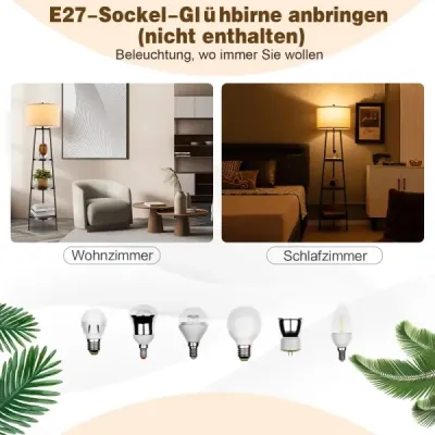 Stojací lampa s dřevěnými policemi Nosnost až 15 kg Stojací lampa s lněným stínidlem