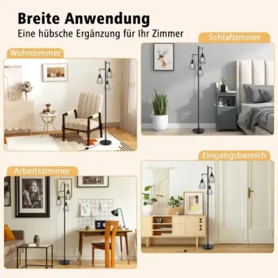 Moderní stojací lampa 169 cm průmyslová stojací lampa se 3 stínítky 25 x 168 cm černá