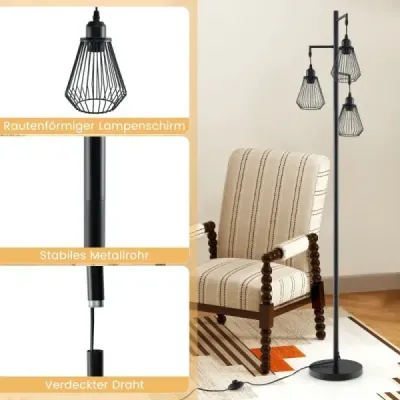 Moderní stojací lampa 169 cm průmyslová stojací lampa se 3 stínítky 25 x 168 cm černá