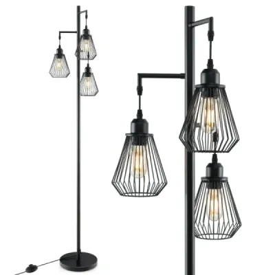 Moderní stojací lampa 169 cm průmyslová stojací lampa se 3 stínítky 25 x 168 cm černá