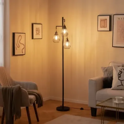 Moderní stojací lampa 169 cm průmyslová stojací lampa se 3 stínítky 25 x 168 cm černá