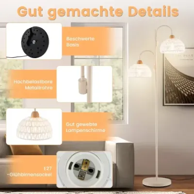 Stehlampe mit 2 Lichtern & Fußschalter 350° Drehbare Baumlampe Gewebten Lampenschirmen