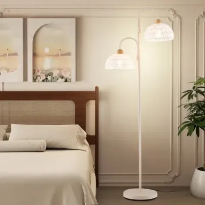 Stehlampe mit 2 Lichtern & Fußschalter 350° Drehbare Baumlampe Gewebten Lampenschirmen