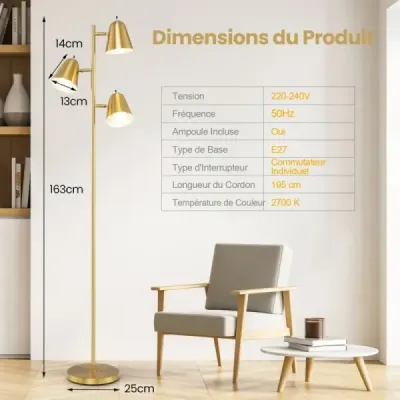 163cm stojací lampa se 3 žárovkami E27 a 360° nastavitelným stínidlem Stojací lampa zlatá