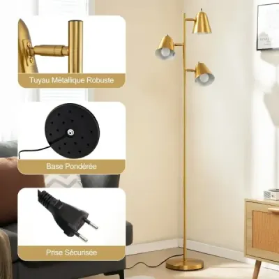 163cm stojací lampa se 3 žárovkami E27 a 360° nastavitelným stínidlem Stojací lampa zlatá