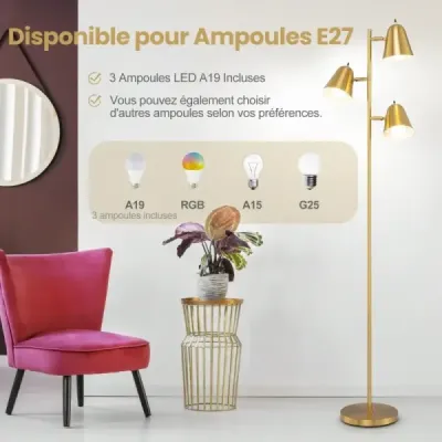 163cm stojací lampa se 3 žárovkami E27 a 360° nastavitelným stínidlem Stojací lampa zlatá