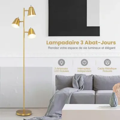 163cm stojací lampa se 3 žárovkami E27 a 360° nastavitelným stínidlem Stojací lampa zlatá