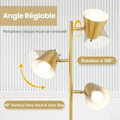 163cm stojací lampa se 3 žárovkami E27 a 360° nastavitelným stínidlem Stojací lampa zlatá