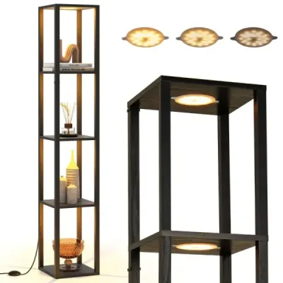 Stojací lampa 162 cm s policemi a stmívatelnými LED světly a nožním spínačem, rohová police