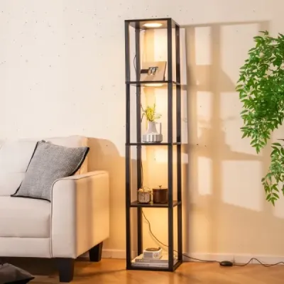 Stojací lampa 162 cm s policemi a stmívatelnými LED světly a nožním spínačem, rohová police