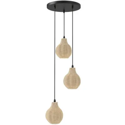 Závěsná lampa z boho ratanu se 3 žárovkami, ručně tkaný lustr z přírodního košíku s nastavitelnou výškou, béžová