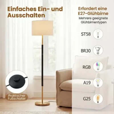 Stojací lampa 165 cm, stojací lampa s lněným stínidlem, objímkou ​​E27 a nožním spínačem