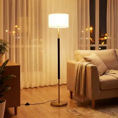 Stojací lampa 165 cm, stojací lampa s lněným stínidlem, objímkou ​​E27 a nožním spínačem
