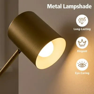 Stojací lampa 175 cm, lampa na čtení s nastavitelnou hlavou a ramenem, lampa do obývacího pokoje s paticí E27, zlatá