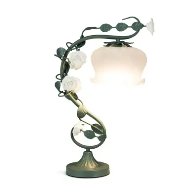 Vintage noční lampa se skleněným stínidlem z konvalinek a 6 keramickými růžemi a kovovými listy Retro stolní lampa