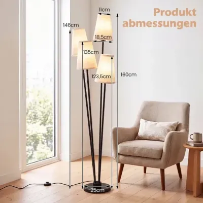 Stojací lampa se 4 žárovkami, nožním spínačem a 4 stínidly. Moderní stojací lampa, 25 x 25 x 160 cm.