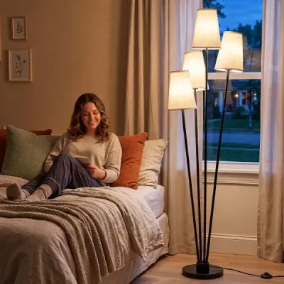 Stojací lampa se 4 žárovkami, nožním spínačem a 4 stínidly. Moderní stojací lampa, 25 x 25 x 160 cm.
