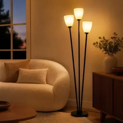 Stojací lampa 153 cm se 3 objímkami E27, čtecí lampa se 3 žárovkami a černým stínidlem