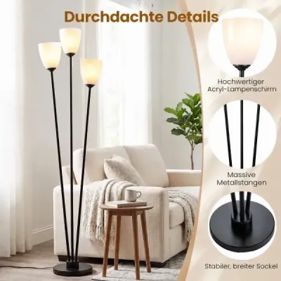 Stojací lampa 153 cm se 3 objímkami E27, čtecí lampa se 3 žárovkami a černým stínidlem