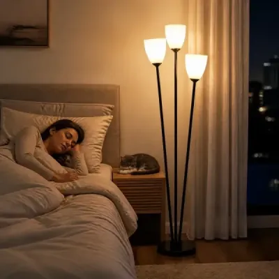 Stojací lampa 153 cm se 3 objímkami E27, čtecí lampa se 3 žárovkami a černým stínidlem