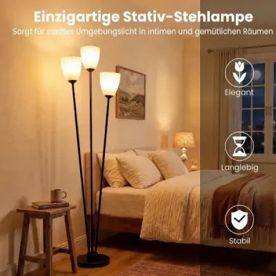 Stojací lampa 153 cm se 3 objímkami E27, čtecí lampa se 3 žárovkami a černým stínidlem