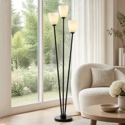 Stojací lampa 153 cm se 3 objímkami E27, čtecí lampa se 3 žárovkami a černým stínidlem