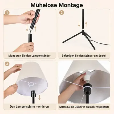 Moderní stojací lampa s látkovým stínidlem, patice E 27, s kovovým třínohým podstavcem a nožním spínačem