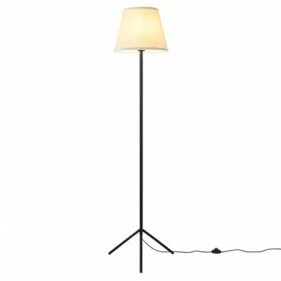 Moderní stojací lampa s látkovým stínidlem, patice E 27, s kovovým třínohým podstavcem a nožním spínačem