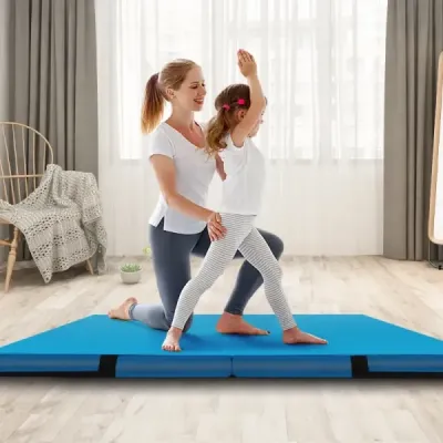 Skládací gymnastická žíněnka 122 x 122 x 10 cm silná dvojitá skládací gymnastická žíněnka s potahem z imitace kůže modrá