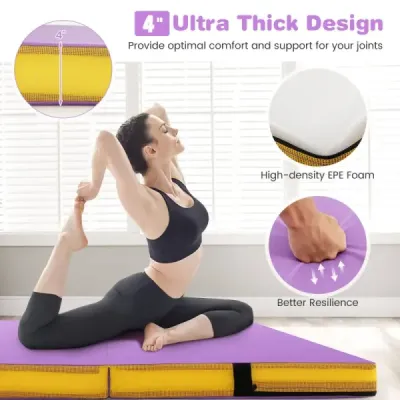 Skládací gymnastická žíněnka 122 x 122 x 10 cm tlustá dvojitá skládací gymnastická žíněnka s potahem z imitace kůže Fialová