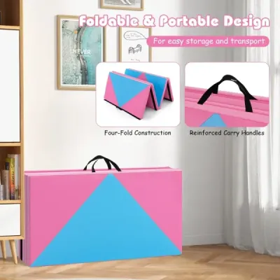 Skládací měkká podložka na podlahu, přenosná gymnastická podložka, podložka na jógu 240 x 117 x 5 cm, růžová + modrá