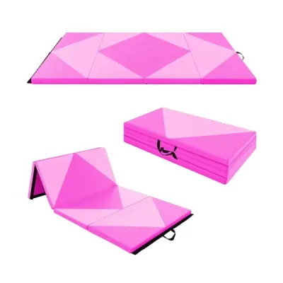 Skládací gymnastická podložka o délce 240 cm, velká sportovní podložka 240 cm x 117 cm x 5 cm z PU kůže se suchým zipem, růžová