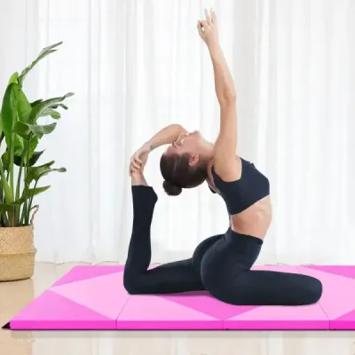 Skládací gymnastická podložka o délce 240 cm, velká sportovní podložka 240 cm x 117 cm x 5 cm z PU kůže se suchým zipem, růžová
