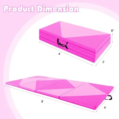 Skládací gymnastická podložka o délce 240 cm, velká sportovní podložka 240 cm x 117 cm x 5 cm z PU kůže se suchým zipem, růžová