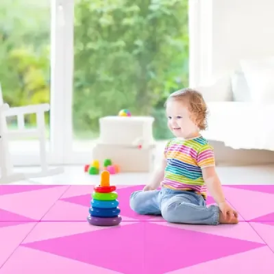 Skládací gymnastická podložka o délce 240 cm, velká sportovní podložka 240 cm x 117 cm x 5 cm z PU kůže se suchým zipem, růžová