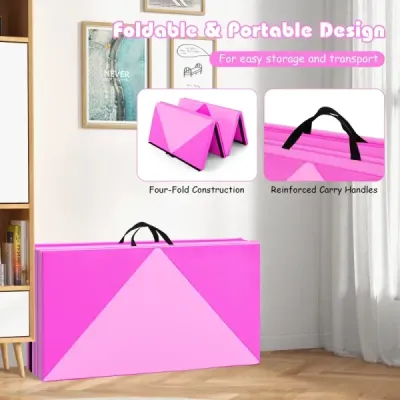 Skládací gymnastická podložka o délce 240 cm, velká sportovní podložka 240 cm x 117 cm x 5 cm z PU kůže se suchým zipem, růžová