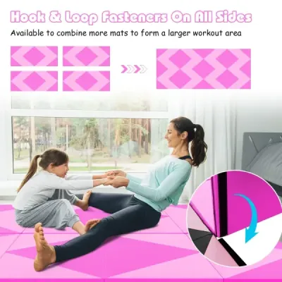 Skládací gymnastická podložka o délce 240 cm, velká sportovní podložka 240 cm x 117 cm x 5 cm z PU kůže se suchým zipem, růžová