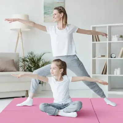 Skládací měkká podložka na podlahu se 2 rukojeťmi, protiskluzová podložka na cvičení, podložka na fitness, růžová