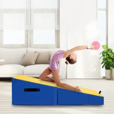 Gymnastická žíněnka 2 v 1 s rukojetí pro přenášení Gymnastická žíněnka ve tvaru klínu Měkká podlahová žíněnka žlutá