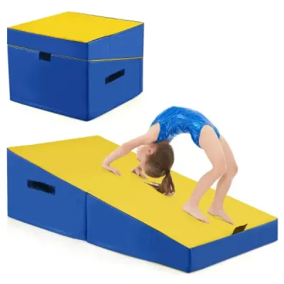 Gymnastická žíněnka 2 v 1 s rukojetí pro přenášení Gymnastická žíněnka ve tvaru klínu Měkká podlahová žíněnka žlutá